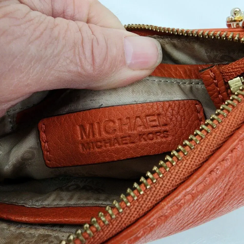 Michael Kors Fulton Wristlet Clementine Leather Orange Zip Clutch 7" Strap Flaws - Picture 7 of 12